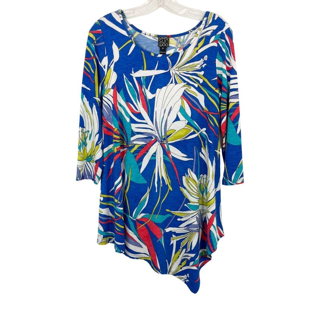 Clara‎ Sun Woo Blue Floral Print Asymmetrical Hem Tunic - Women's Size XS